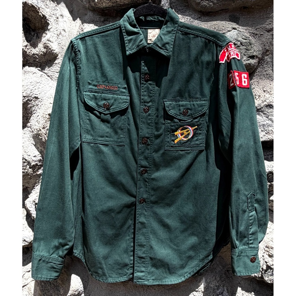 Vtg Boy Scouts Shirt Mens 14.5 Green Sanforized Yuma AZ Explorer Patches 50s 60s